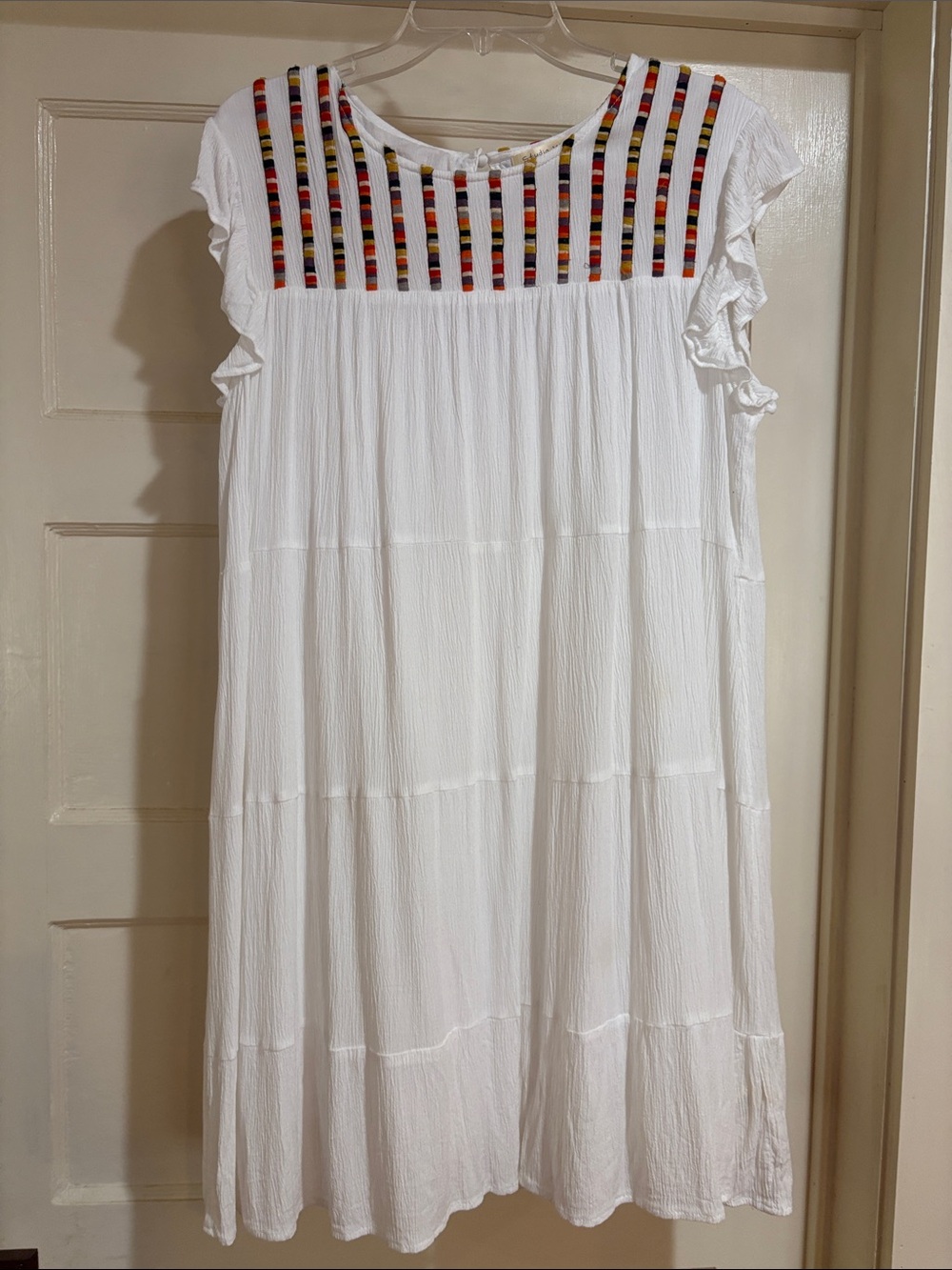 Studio Wear Boho White Dress with Multicolor Embroidered Stripes L